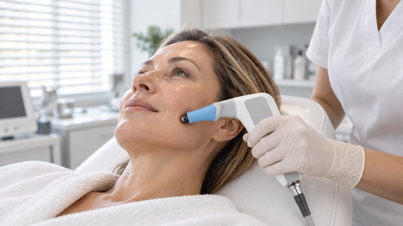 Наружный аппликатор Exilis при обработке щеки клиентки