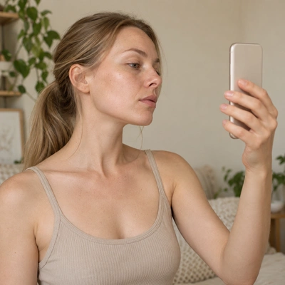 Женщина фотографирует кожу щеки на телефон при дневном свете