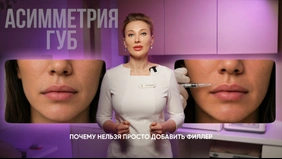 Контурная пластика асимметричных губ: врач-косметолог, крупный план губ и шприц у контура верхней губы