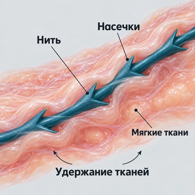 Условная иллюстрация нити с насечками, удерживающими окружающие мягкие ткани.