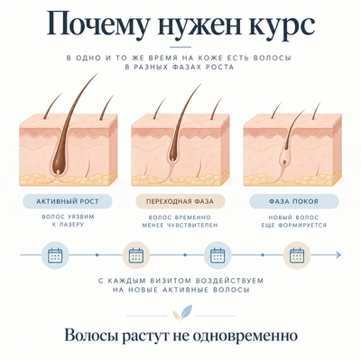 Разные фазы роста волос объясняют необходимость курса лазерной эпиляции