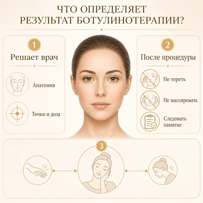 Схема факторов, от которых зависит результат ботулинотерапии и уход после процедуры