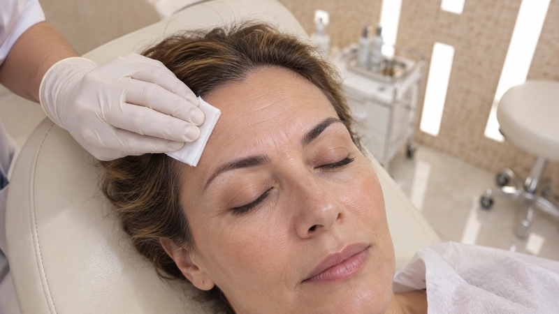 Косметолог обрабатывает кожу лба антисептиком перед ботулинотерапией