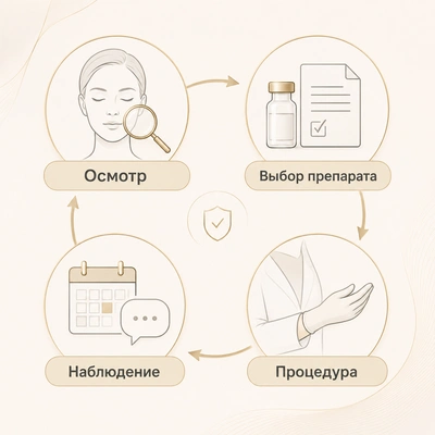 Схема этапов визита: осмотр, выбор препарата, процедура и наблюдение