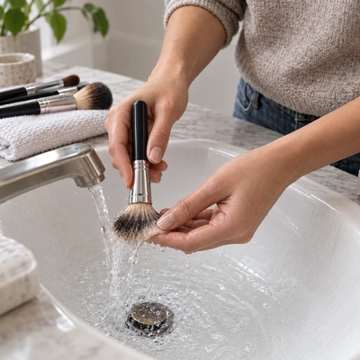Промывание кисти для макияжа под струёй воды
