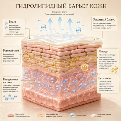 Схема гидролипидного барьера и увлажнения кожи Зазеркалье Москва