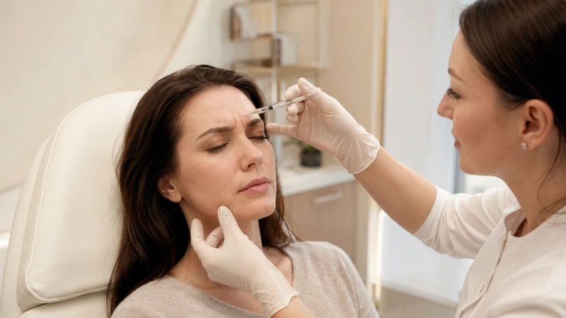 Косметолог выполняет инъекцию в межбровную область