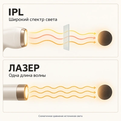 Схема различий IPL и лазера: широкий спектр света и одна длина волны